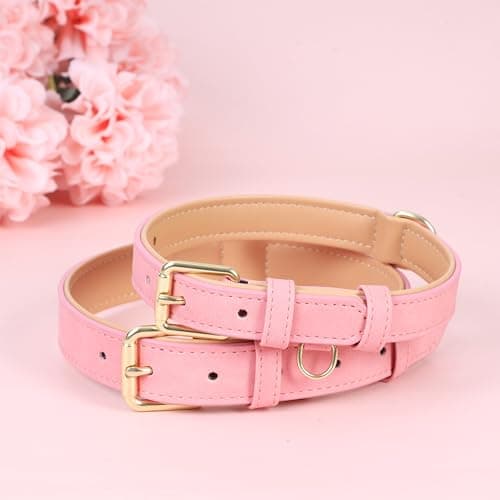 Jumpress Leather Dog Collar for Large Dogs, Soft Padded Dog Leather Collar with Heavy Duty Gold Buckle, Durable & Comfortable, Pink, L - Thumbnail 4