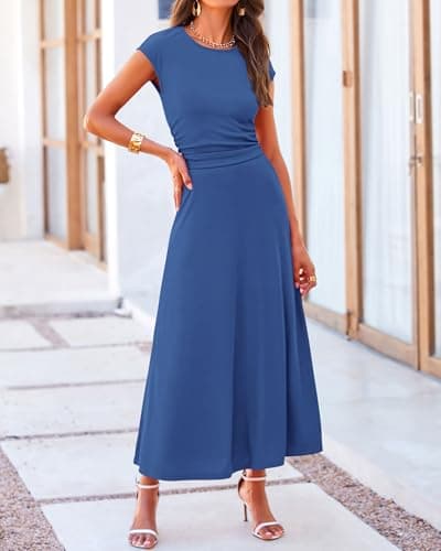 BTFBM Summer Outfits For Women 2026 Two Piece Sets Casual Crew Neck Short Sleeve Cropped Spring Tops Midi Skirt Lounge Set(Deep Blue, Medium) - Thumbnail 2