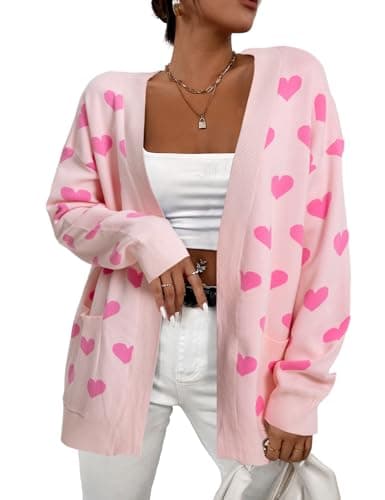 Heart Cardigan Valentines Sweater Women: Valentine Cardigan Love Print Open Front Knit Sweaters Outwear with Pockets A Pink - Image 1