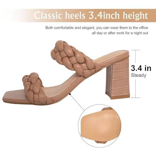 Athlefit Women's Braided Heeled Sandals Fashion Square Open Toe Comfortable Slip on Block Nude Heels Size 5.5 - Thumbnail 4