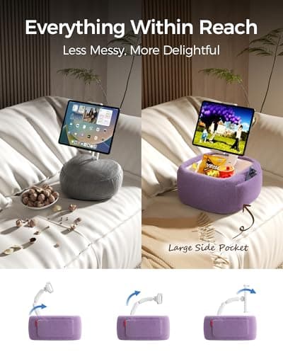 LULULOOK Tablet Pillow Stand, Compatible with iPad, iPhone and 4.7-14.6”Tablet, 360° Adjustable Kindle Pillow Stand for Bed with Ultra Fluffy Fabric & Snack Bowl (Velvety Purple​) - Thumbnail 2