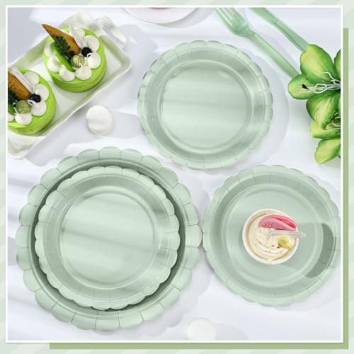 NatNarr 30 Pcs Dessert Plates Disposable, 7 Inch Scalloped Sage Green Cake Plates Small Birthday Appetizer Plate Cute Sage Green Paper Plate for Baby Bridal Shower, Wedding - Thumbnail 4