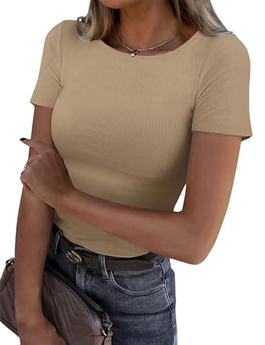GKBK Womens Short Sleeve Shirts Crew Neck Ribbed Fitted Tight Shirts Layering Top Basic Tee Tshirts Cute Summer Tops Casual Spring Clothes Outfits 2026 Trendy Khaki - Image 1