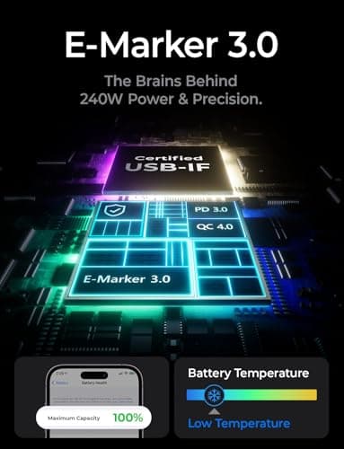 LISEN for MacBook Pro Charger Cord 10FT 240W USB C Charger Fast Charging Cable【Safety Max Power Charging】 Compatible with MacBook Pro/Air M5 M4 M3 M2 M1, iPad Air Pro M5 M4,10ft/1 Pack/Midnight - Thumbnail 5