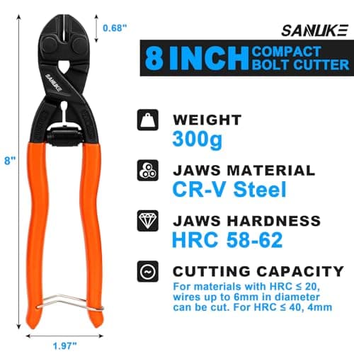 Sanuke 8-inch Mini Bolt Cutter with Recess and Spring, Heavy Duty Bolt Cutter with Security Lock, Ergonomic Handle, CR-V Steel Blade for Wire, Cables, Small Screws - Thumbnail 2