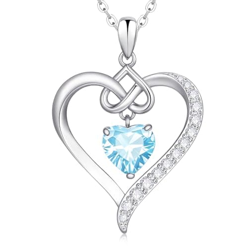 925 Sterling Silver Birthstone Heart Necklace for Women - Infinity Love Pendant with Cubic Zirconia, 12 Colors, Valentine's Day Gift for Her, 12 Months, Birthday Anniversary Christmas Jewelry Gifts (Sliver-03-Mar) - Image 1