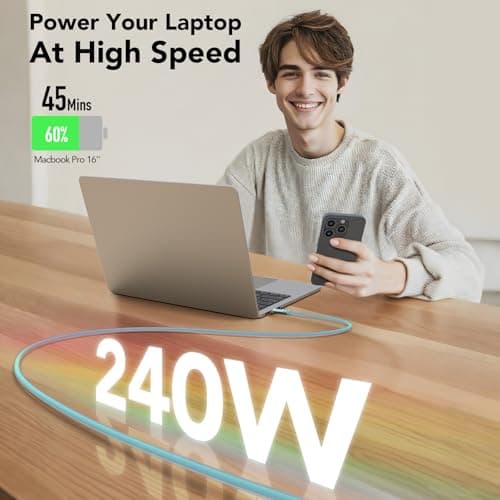 MFish 240W USB-C to USB-C Cable (PD 3.1 EPR), 480Mbps Speed, Fast Charging Type C Cable for MacBook Pro/Air, iPhone 17/16 Pro, Galaxy S25/S24, Laptops, iPad, Durable Silicone, 6FT Blue - Thumbnail 3