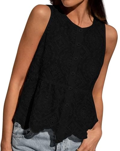 BTFBM Womens Tank Tops 2026 Summer Casual Sleeveless Button Down Shirts Embroidered Eyelet Blouse Beach Vacation Clothes(Black, Small) - Image 1