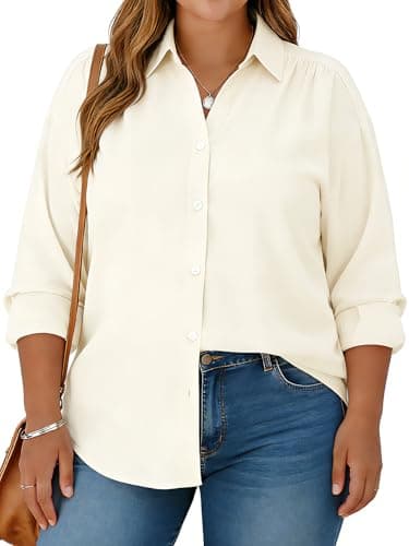 Charming Ashley Plus Size Womens Solid Color V Neck Button Down Blouse Long Sleeve Casual Business Dressy Blouses XL-5XL Apricot - Image 1