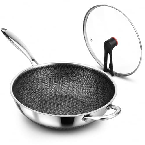 Boryenty 12 Inch Stainless Steel Honeycomb Wok with Standing Lid, Flat Bottom Stir Fry Pan, PFOA-Free Physical Nonstick, Induction Compatible & Dishwasher Safe Wok - Image 1
