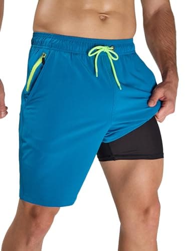 Arcweg Men's Swim Trunks with Compression Liner and Zipper Pockets Quick Dry 2XL Bathing Suit Board Swimming Shorts Peacock Blue - Image 1