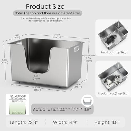 Stainless Steel Cat Litter Box 11.8” High Sides, Large Metal Litter Box with Low Entry for Big Cats, Leak-Proof Pet Toilet Kitty Litter Pan with Wheels for Mobility, Easy to Clean & Non-Stick - Thumbnail 2
