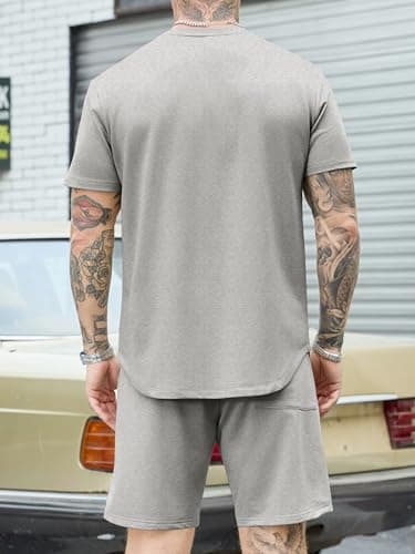 JEMLDL Mens 2 Piece Summer Outfits, Short Sleeve T Shirt & Shorts Loungewear Set, Comfortable Casual Travel Tracksuit Gray M - Thumbnail 4