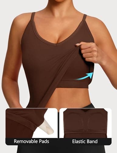 Missclub Running Tank Tops for Women Built in Bra V Neck Seamless Ribbed Workout Athletic Sleeveless Top Shirts Brown White - Thumbnail 5