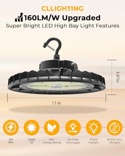 UFO LED High Bay Light 200W 6Pack, Upgrade 32,000LM(160lm/w), ETL Listed High Bay LED Shop Light for Warehouse Workshop Garage Gym Flicker-Free, 0-10V Dimmable Plug and Play with Power Cord - Thumbnail 4