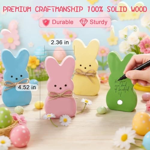 Easter Spring Decorations for Home – 4 Pcs Wooden Bunny Table Decor, Wood Rabbit Tabletop Signs with Jute Bows for Tiered Tray Mantel Shelf Office Easter Party Supplies - Thumbnail 2
