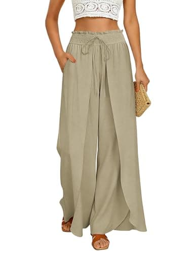 GRACE KARIN Women Palazzo Pants Boho Wide Leg High Waist Casual Lounge Pant Beach Travel Vacation Outfits Khaki 2XL - Image 1