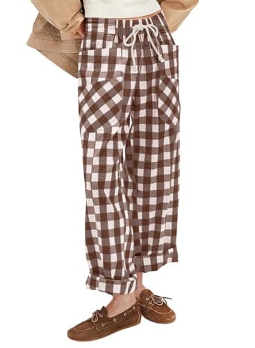 Acelitt Womens Casual Checkered Pants Fall Fashion 2026 Loose Drawstring Elastic Waist Ankle Pants Trousers with Pockets Brown Large - Image 1