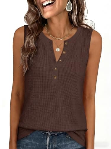 ANRABESS Womens Tank Top Waffle Knit Sleeveless Henley Shirts 2026 Summer Loose Button Up V Neck Dressy Casual Tops Clothes Brown Medium - Image 1