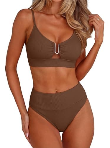 ANRABESS Bikini Sets for Women Summer High Waisted 2 Piece Bathing Suit Ribbed U-Wire Cutout Swimsuit Beach Vacation 2026 Brown Large - Image 1