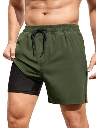 SILKWORLD Mens Swimsuit Trunks 6" Quick-Dry Swim Shorts with Compression Liner and Zipper Pockets, Army Green, Medium - Image 1