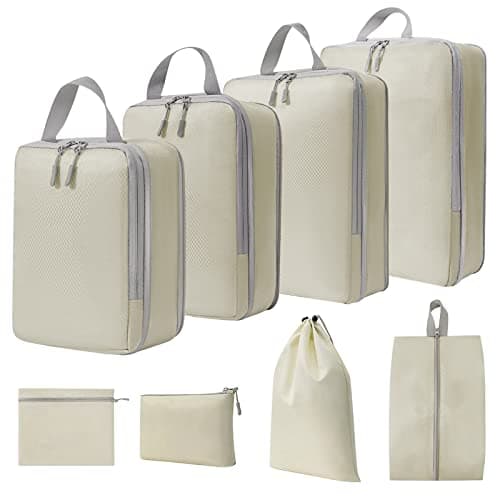 WOOMADA Compression Packing Cubes for Suitcases Travel Essentials 8 Set Expandable Travel Bags Organizer for Luggage(beige)