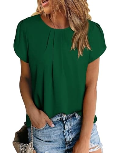PRETTYGARDEN Women's Tops 2026 Casual Summer Round Neck Short Sleeve Basic Pleated Loose Fit Blouses Plain Tunic Shirts(Dark Green,Medium) - Image 1