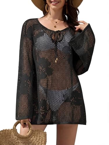 Womens Swimsuits Crochet Swim Cover Ups 2026 Summer Long Sleeve Bathing Suit Swimwear Beach Dress Vacation Outfits Black - Image 1