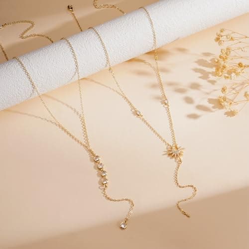 Fimhut Lariat Necklace for Women, 14k Gold Plated Y-Shaped Necklace Trendy Bar Pearl Chain Necklaces Simple Gold Jewelry for Women Gift.Christmas Stocking Stuffers,Valentines Day Gifts - Thumbnail 5