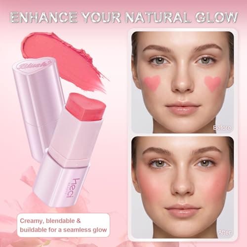 Blush Stick, Cream Blush for Cheeks & Lips, Easy to Blend, Heart-Shaped Soft Shimmer Finish, Natural Dewy Glow, Buildable Color, Long-Lasting, Travel-Friendly, SWEETIE, 0.25 oz - Thumbnail 3