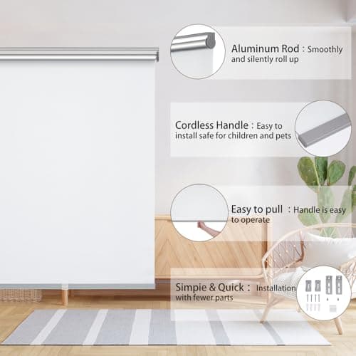Changshade Blackout Roller Shades for Windows，Noise Reducing Thermal Insulated Pull Down Window Blinds, Cordless Free-Stop Shade，Easy Install UV Protection Fabric Blind for Bedroom,White,29"W x 72"H - Thumbnail 5