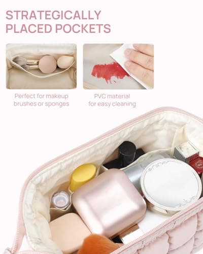 Telena Puffer Makeup Bags for Women, Nylon Puffy Padded Make Up Bags for Women Makeup Organizer Case, Wide-open Makeup Pouch Travel Essentials (Pink-2) - Thumbnail 4