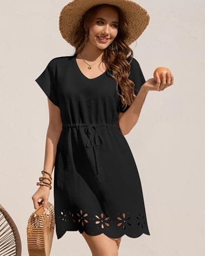 Bsubseach Swimsuit Coverup for Women V Neck Beach Cover Ups with Pockets Drawstring Swim Cover Up Dresses Black L - Thumbnail 6