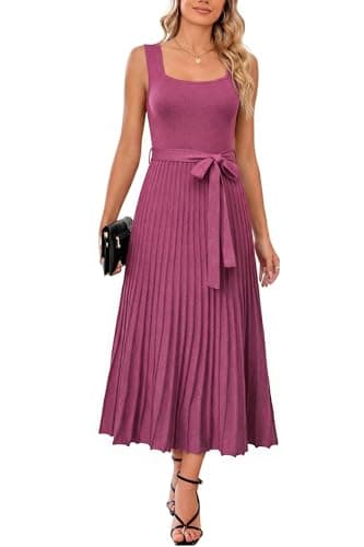 Arach&Cloz Spring Summer Womens Sweater Dress 2026 Sleeveless Square Neck Cashmere Ribbed Knit Tie Waist Pleated A Line Pullover Fashion Belt Flowy Midi Maxi Wedding Guest Clothes Rose Red Pink L - Image 1