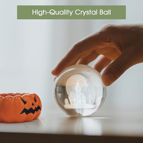 L LOHAS LED 3D Crystal Ball Night Light-Laser Engraved Haunted House Bat with Pumpkin Base,Cute & Funny Halloween Night Light for Kids, 3000K Warm White for Halloween Party Decor - Thumbnail 3