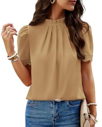 BTFBM Women Blouses Dressy Casual 2026 Summer Tops High Neck Lace Trim Short Sleeve Business Work Shirts Spring Clothes(Light Khaki, XX-Large) - Image 1