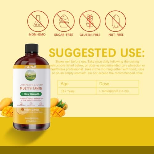ESUNM Complete Liquid Multivitamin + Hair Growth, Promotes Energy Metabolism& Skin and Hair Function| Vitamin C D | B Vitamins | Help to Thicker Hair, Wrinkles, Fine Lines, Skin Care - Thumbnail 4
