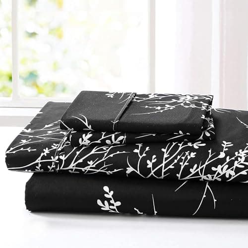 Spirit Linen home Full Size Sheets Set - Pure Microfiber 4 Piece Polyester Bed Sheets, Fitted Sheet & Pillow Cases - Full Sheets for All Seasons (Foliage Black/White, Full) - Image 1