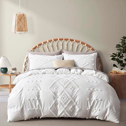 Oli Anderson Tufted Duvet Cover Queen Size, Soft and Lightweight Duvet Covers Set for All Seasons, 3 Pieces Boho Embroidery Shabby Chic Bedding Set (White, Queen, 90" x 90") - Image 1