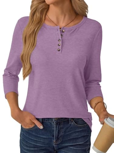 GKBK 3/4 Sleeve Womens Tops Fall Clothes Henley Casual Spring Summer Lightweight Basic Tunic Shirts Purple - Thumbnail 3