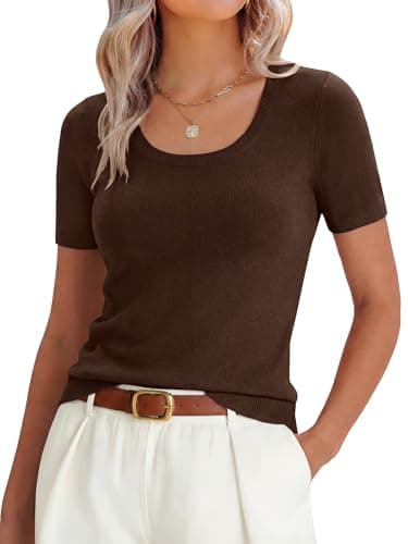 ANRABESS Womens Short Sleeve Sweaters Summer Scoop Neck Casual Basic Shirts Knit Pullover Work Tops 2026 Spring Outfits Chocolate Brown Small - Image 1
