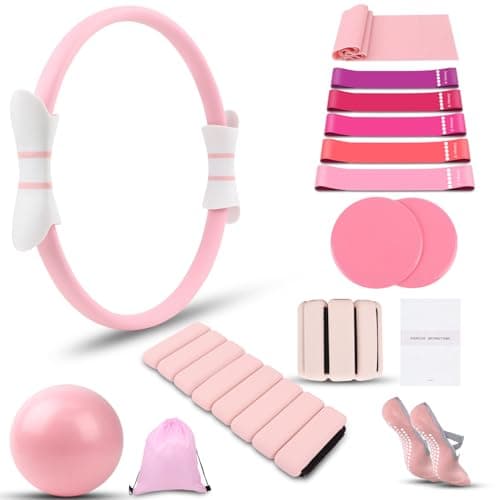 16 PCS Pink Pilates Ring and Ball Set for Women with 15" Magic Circle, Home Pilates Equipment Kit with Adjustable 1LB Ankle Wrist Weight, Resistance Band, Gliding Discs, Pilates Essentials Accessories