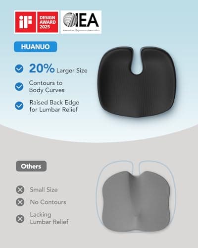 HUANUO Seat Cushion for Office Chair, Extra Large Memory Foam Cushion for Office Chair,Car & Wheelchair - Sciatica & Tailbone Pain Relief for Long Sitting, Ergonomic Design with Anti-Slip Bottom - Thumbnail 5
