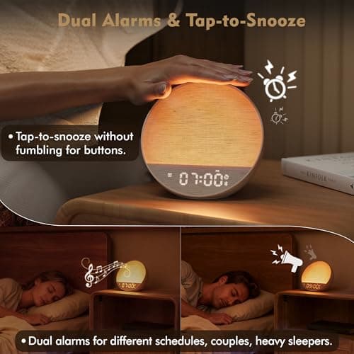 Tap-to-Snooze Sunrise Alarm Clock with Sound Machine, 36 Sounds White Noise Machine for Sleeping Adults, Gradual Sunrise Clock with Bluetooth Speaker & Remote Control, 15-Color Night Light丨Putty - Thumbnail 4