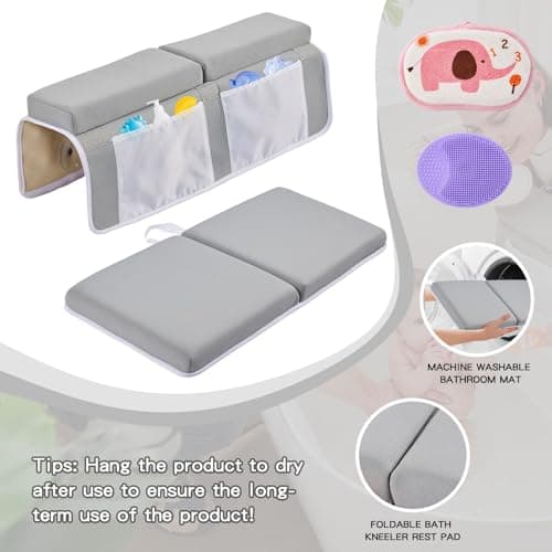ILPEOD Bath Kneeler and Elbow Rest Pad Set, Thick Soft Quick Dry Bathtub Mat for Baby Bathing Time, Memory Foam With Toys Organizer, Gifts for Parents, Grey - Thumbnail 2