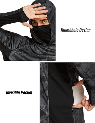 COOrun Men's UPF 50 Sun Protection Hoodies with Mask Built in Hooded Fishing Shirts for Men Long Sleeve Camo Hiking Shirts - Thumbnail 5