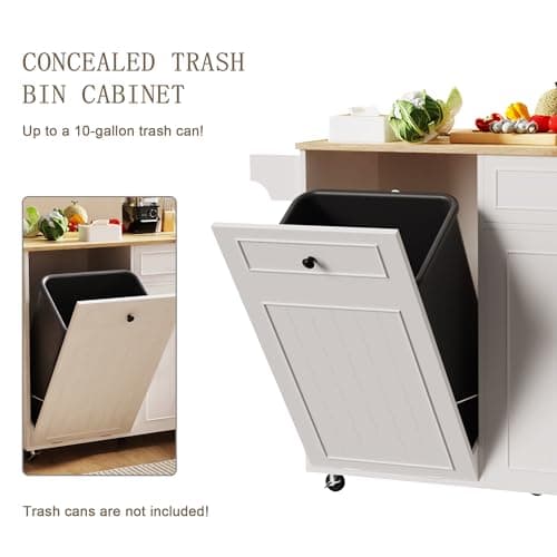 MEETFAV Kitchen Island with Trash Can Storage & Power Outlet, Rolling Kitchen Cart with Drop Leaf, Mobile Wood Island Table with Tilt-Out Trash Cabinet, Spice Rack & Storage Drawer for Small Space - Thumbnail 5