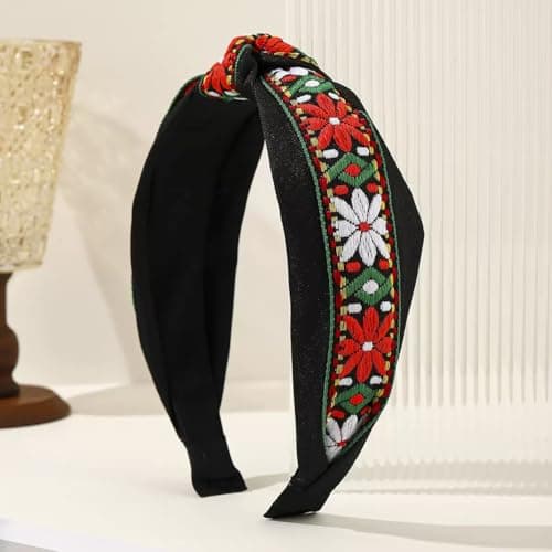 EENSYWEENSY 2 Pack Embroidered Floral Knotted Headbands, Vintage Boho Jacquard Fabric Ribbon Hair Accessory - Thumbnail 4