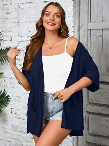 AusLook Plus Size Navy Blue Cardigan for Women 5X Short Sleeve Lightweight Open Front Shrug with Pockets for Dresses and Layering - Thumbnail 4