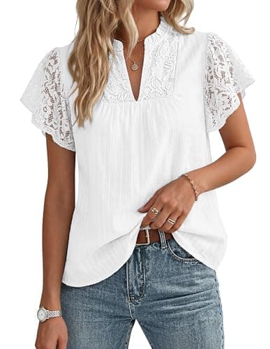 GRACE KARIN Womens Lace Short Sleeve Tops Summer Dressy Casual Cotton Blouses Flowy V Neck Dress Shirts Trendy Clothing 2026, White, XX-Large - Image 1
